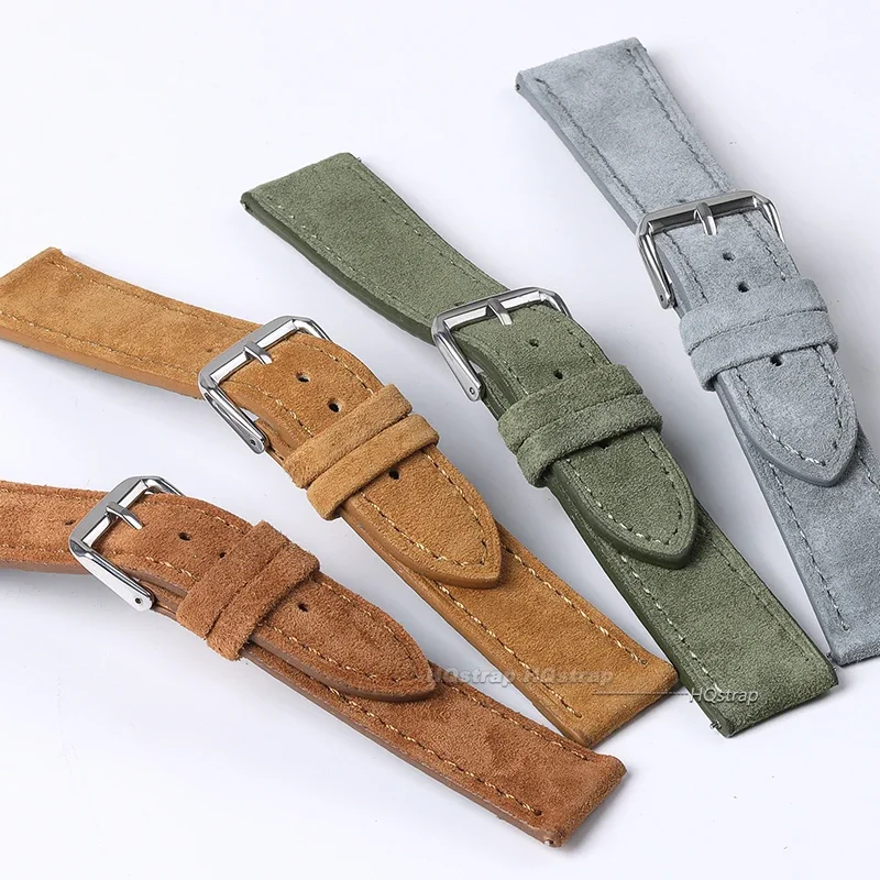 18mm 19mm 20mm 22mm 24mm Soft Suede Leather Watchband Steel Pin Buckle Wristband Blue Brown Green Watch Strap Quick Release Belt