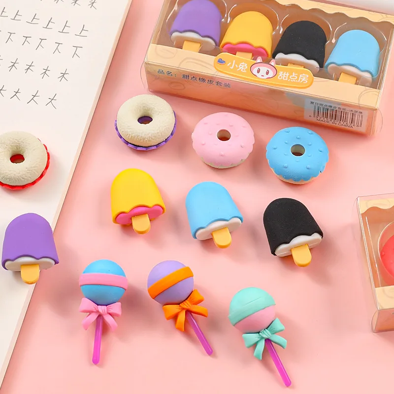 4 pcs/set Kawaii Simulation Donut Candy Ice Cream Rubber Pencil Eraser Cute School Kids Supplies Stationery Erasers Gift Prizes