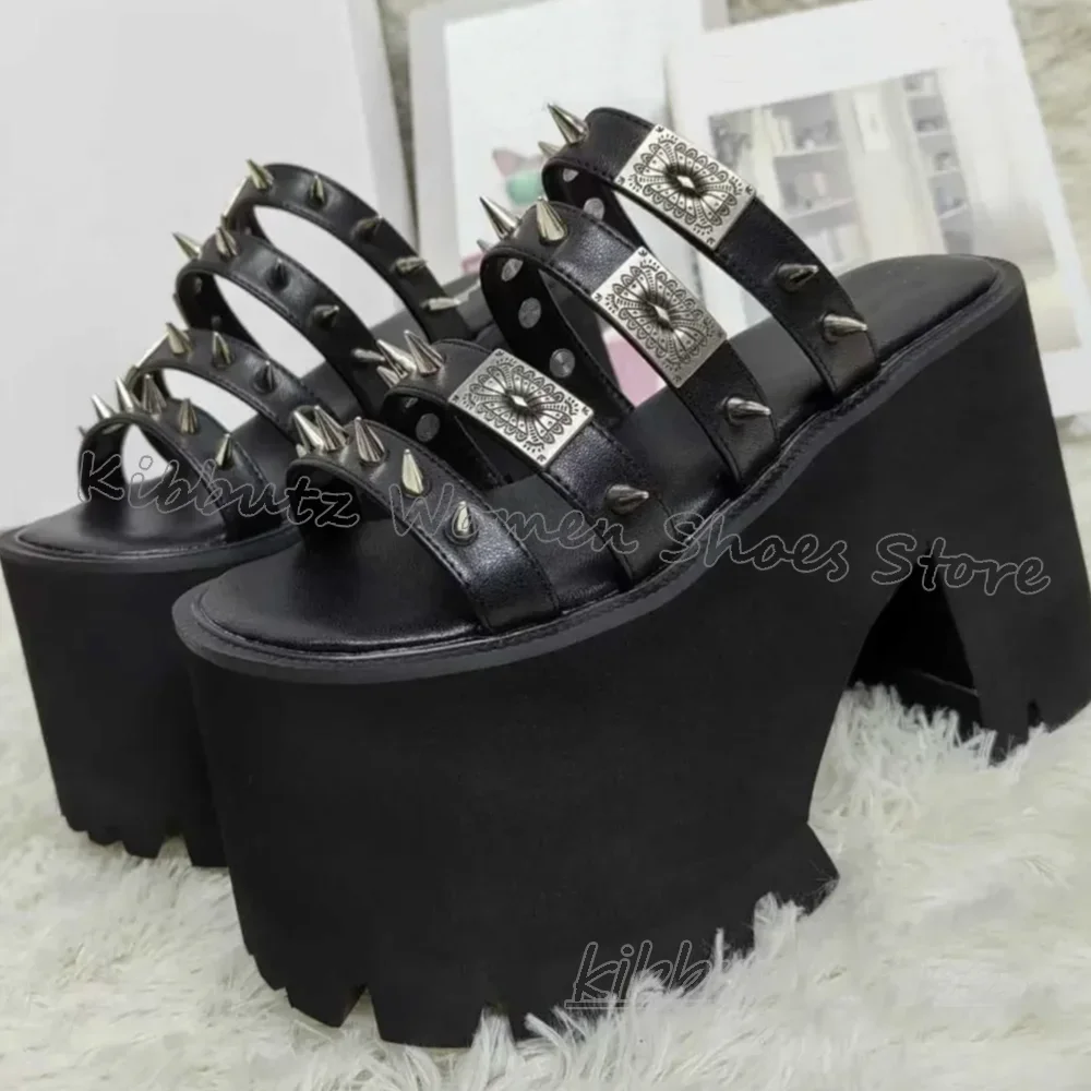 

Rivets Slipper Sandals Platform Rock Punk Gothic Fashion Novelty Sexy Elegant Solid Color Slip-On Women Shoes New Round Toe Heel