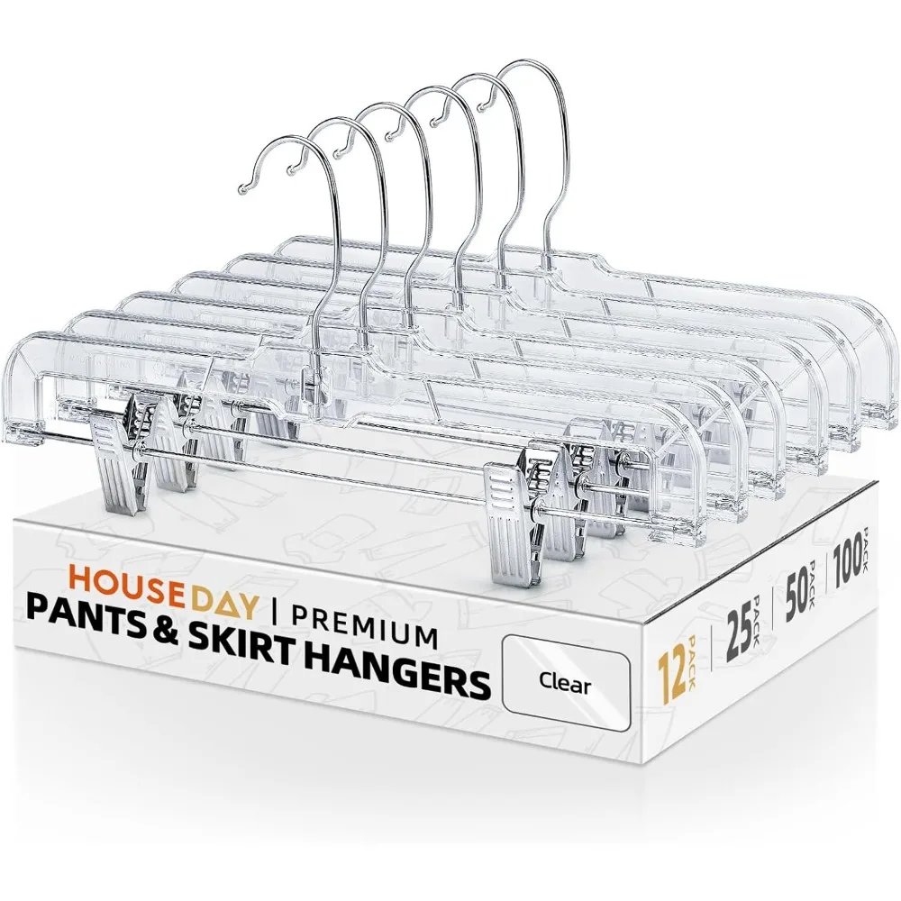 12 Pack Clear 14 Inch Skirt Hangers with Adjustable Clips and 360 Rotating Hook for Pants Trousers Skirts Jeans