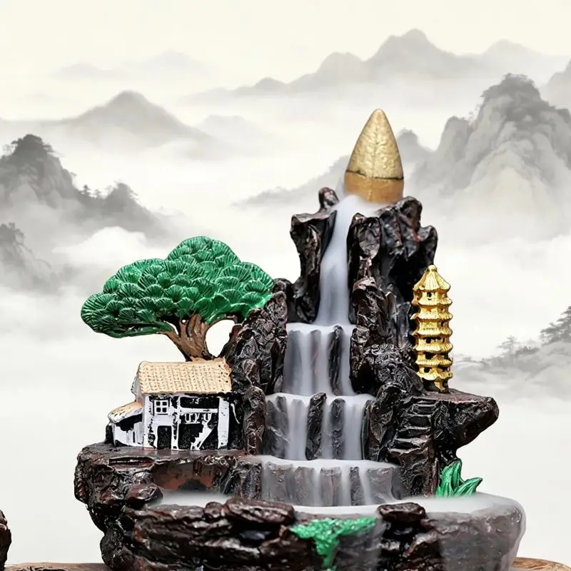 1Pcs Resin Mountain Waterfall Backflow Incense Burner Handcrafted Design Smooth Smoke Flow For Home Office Meditation Room Deco