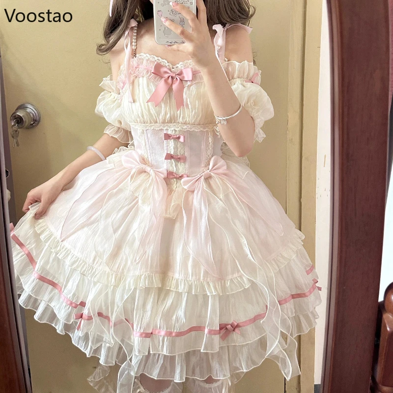 

Japanese Sweet Lolita Jsk Dress Women Cute Bow Lace Ruffles Wedding Party Dresses Fairy Ballet Style Kawaii Lolita Princess Sets