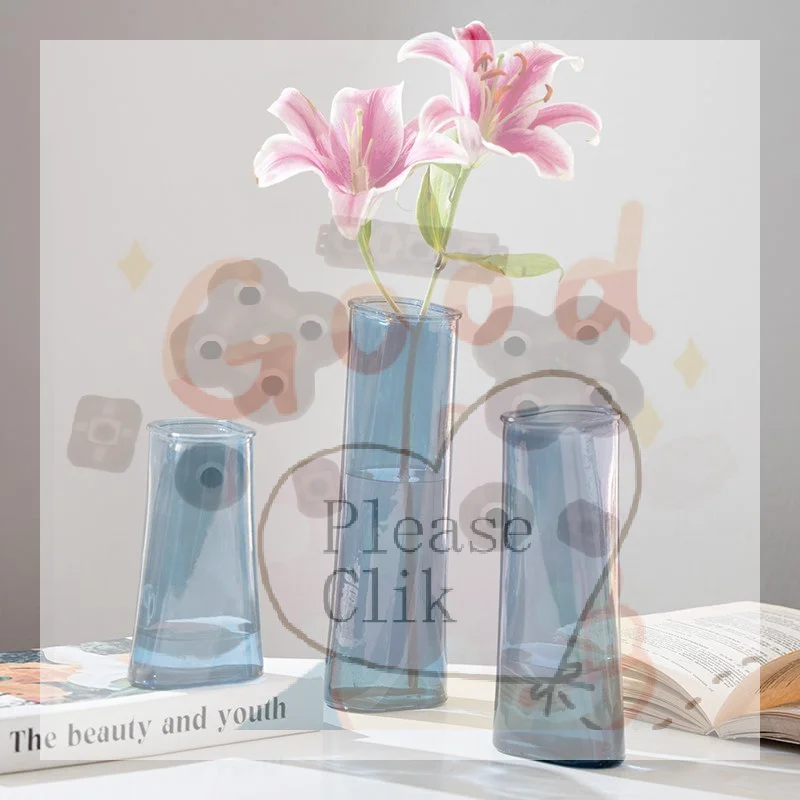 【HG】Deep Sea Blue Glass Vase Narrow Neck Cylinder Minimalist Decoration For Fresh Flowers, Dried Bouquets & Hydroponics
