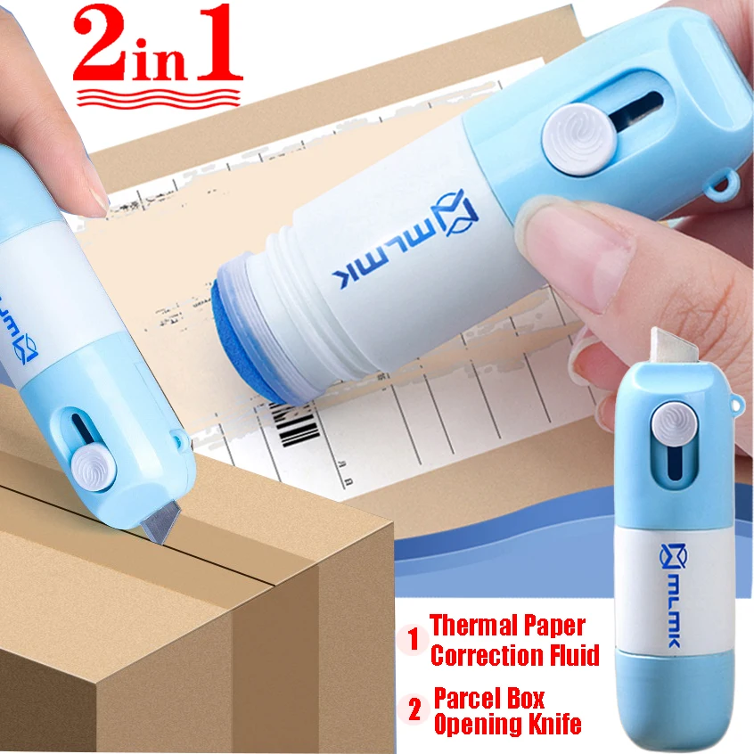 Papel térmico Correção Líquido e Parcel Box Opener Faca, Home Office Identity Data Security Protection Fluid Eraser, 2 em 1