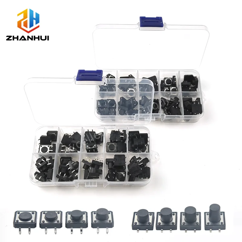 

8 Models 12×12mm 4Pin Tact Switch Assortment Kit DIP SMD 4.3 to 12mm Height Micro Tactile Push Button Keys 50Pcs