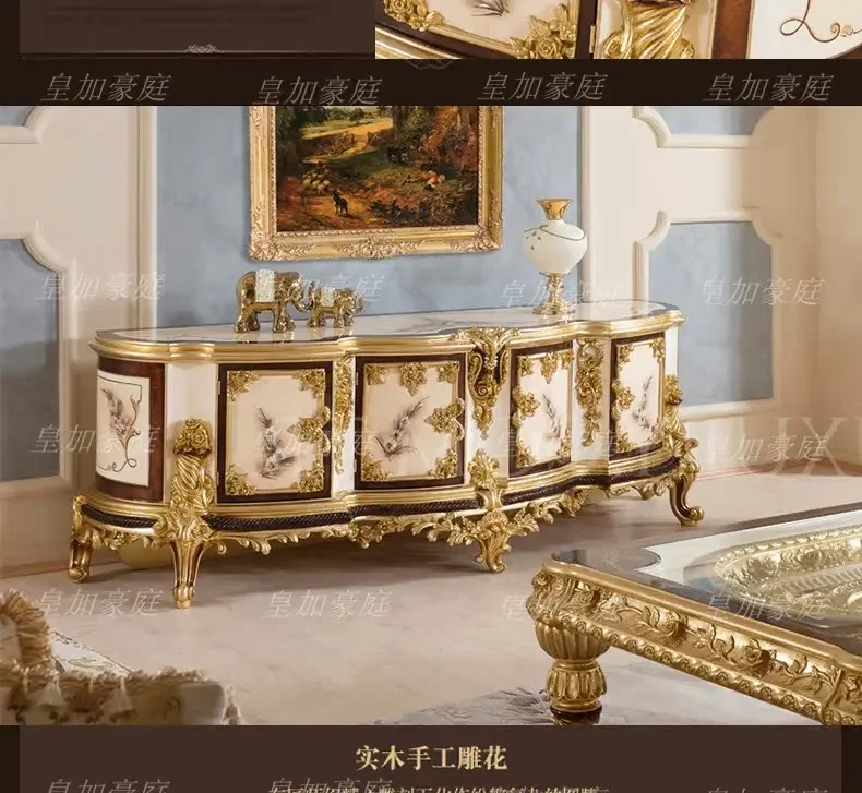 A  European solid wood carving flower TV cabinet hand painted villa living room floor cabinet four door locker