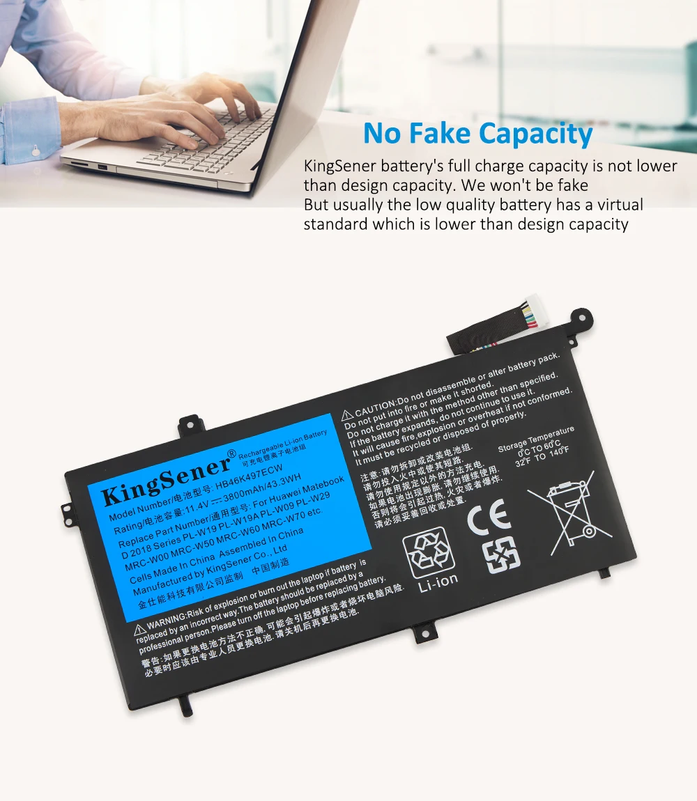 KingSener HB46K497ECW Laptop Battery For Huawei Matebook D 2018 PL-W19 PL-W19A PL-W09 PL-W29 MRC-W50 W60 W70 Series 43.3WH