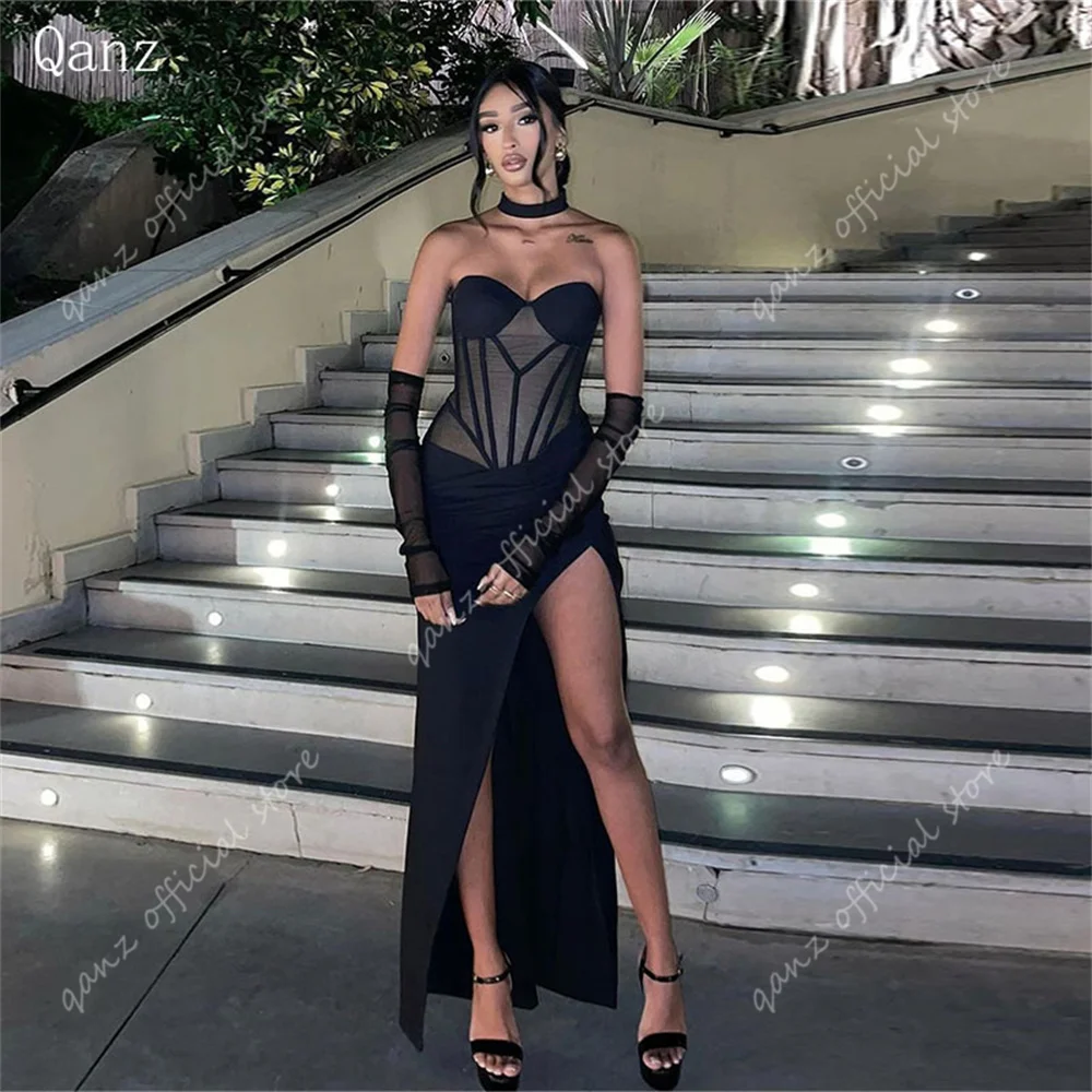 Qanz Sweetheart High Slit Prom Dress Full Sleeves Corset Back Party Dresses Black Mermaid Vestidos De Noche Elegant Customized