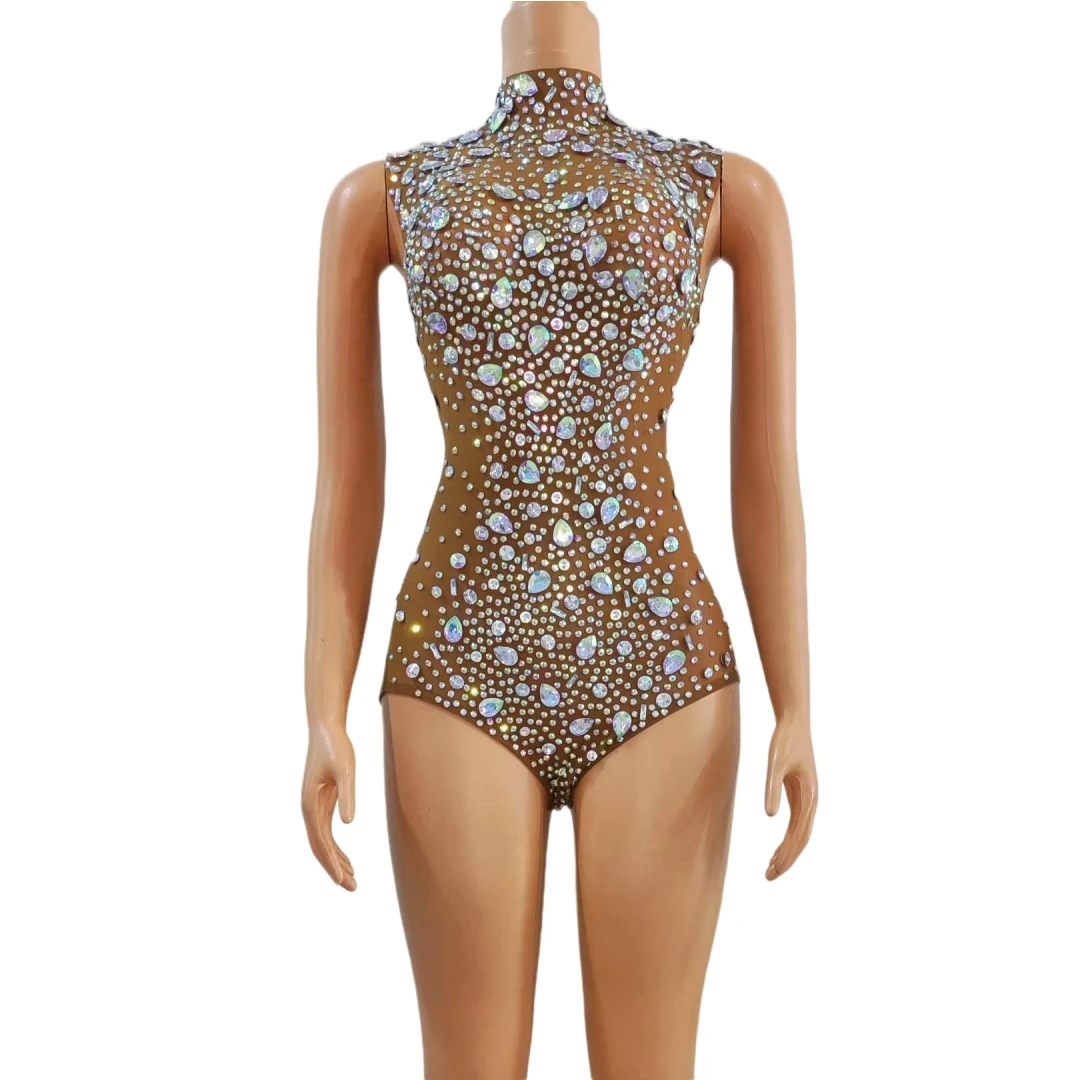 Glitter Rhinestone Bodysuit Women Sleeveless Drag Queen Stage Wear Costume Dancer Singer Sexy Body Suit