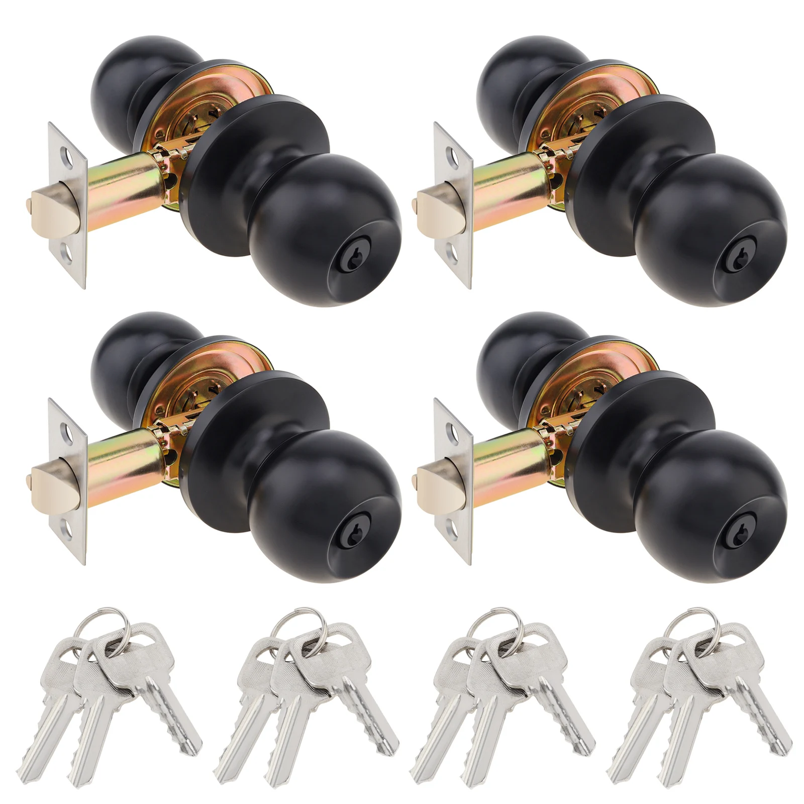 4pcs Stainless Steel Black Door Knob Locks for 1.18-1.97 inch Thickness Wooden Doors Interior Exterior Round Door Lock with Key