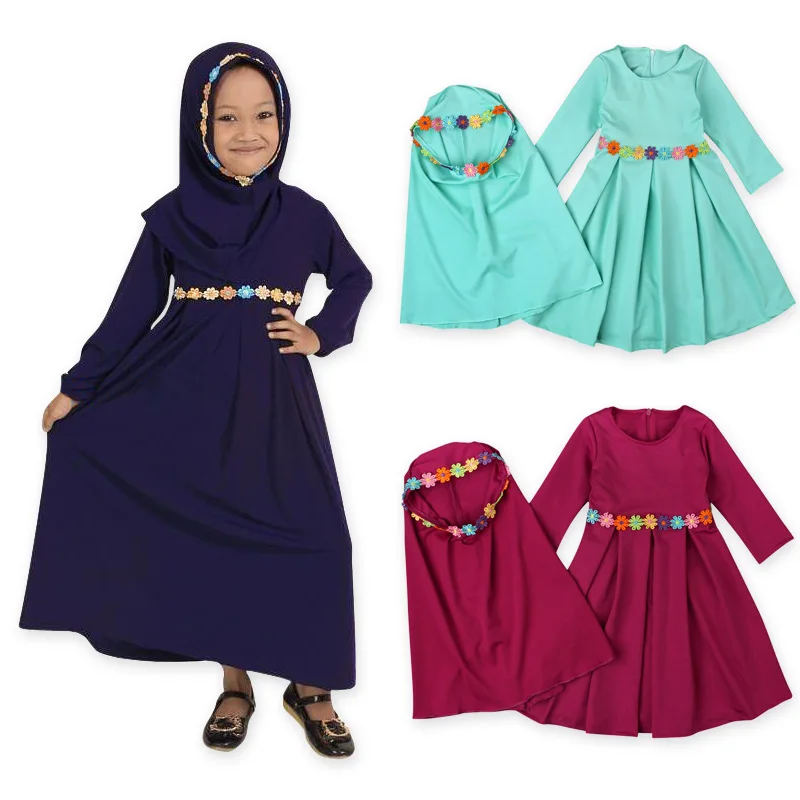 

2 Pieces Set Kids Girls Flower Hijab Dress Muslim Khimar Caftan Islamic Child Niqab Burqa Abaya Scarf Eid Ramadan Prayer Garment