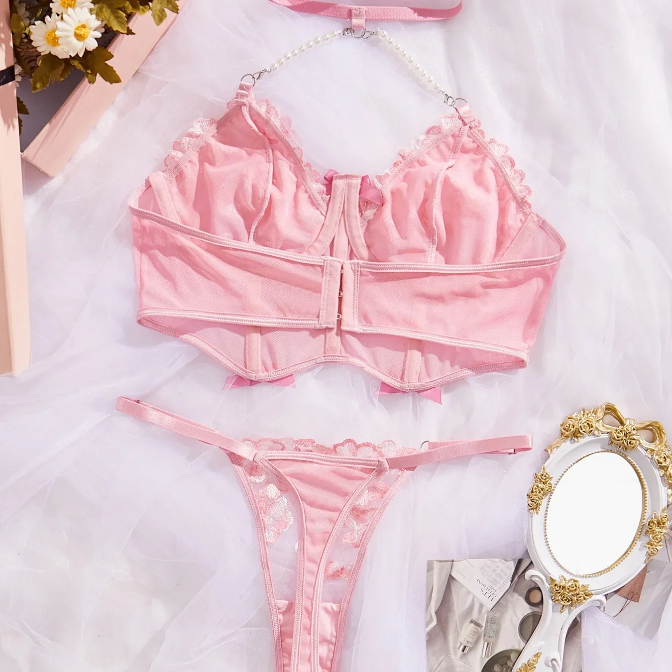 Sexy Pink Lace Lingerie Set Women\'s Mesh Exotic Apparel Suit Female Solid Flower Embroidery Ropa Interior Transparent Para Mujer