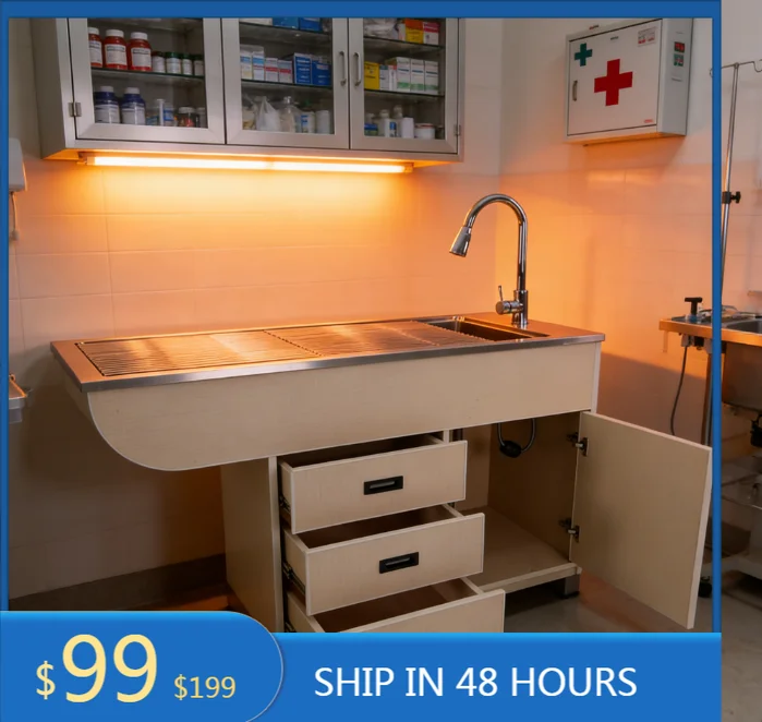 MT MEDICAL Wooden Frame Wet Pet Treatment Diagnostic Table With 3 Drawers 1 Cabinet For Pet Examination