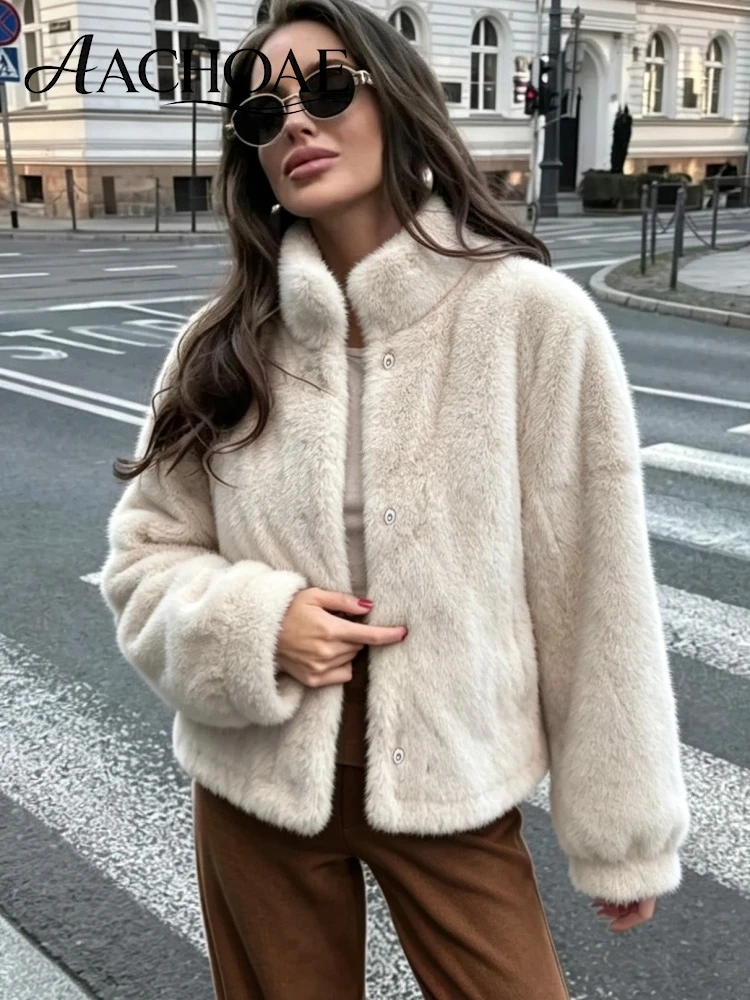 AACHOAE Women Faux Fur Jacket Winter Coat Stand Collar Long Sleeve Snap Button Warm Loose Casual Elegant Outerwear