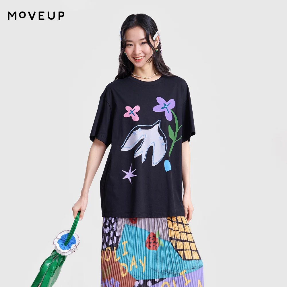 

Футболка MOVEUP с коротким рукавом и круглым вырезом, весна 2026, новая коллекция, из чистого хлопка, с вышивкой в виде птиц и растений, свободного кроя, для женщин, 3ELC10560