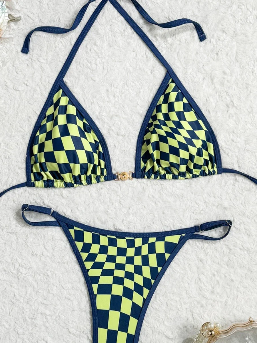 

Sexy Swimsuit 2025 New Micro Bikini Women Plaid Swimwear Gold Ring High Leg Two Piece Bathing Suit Strappy Beachwear Biquini
