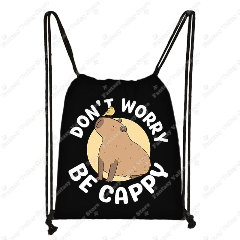Cartoon Capybara Backpacks Dont Worry Be Cappy Children Drawstring Bag Kids Backpack Shoes Holder Bookbag Storage Bags Cute Gift