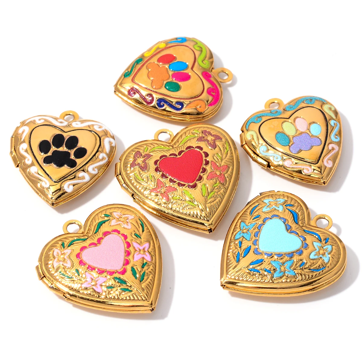 2pcs Stainless Steel Heart Pet's Paw Flower Love Photo Frame Locket Charms Pendants Can Open For DIY Necklace Jewelry Gift