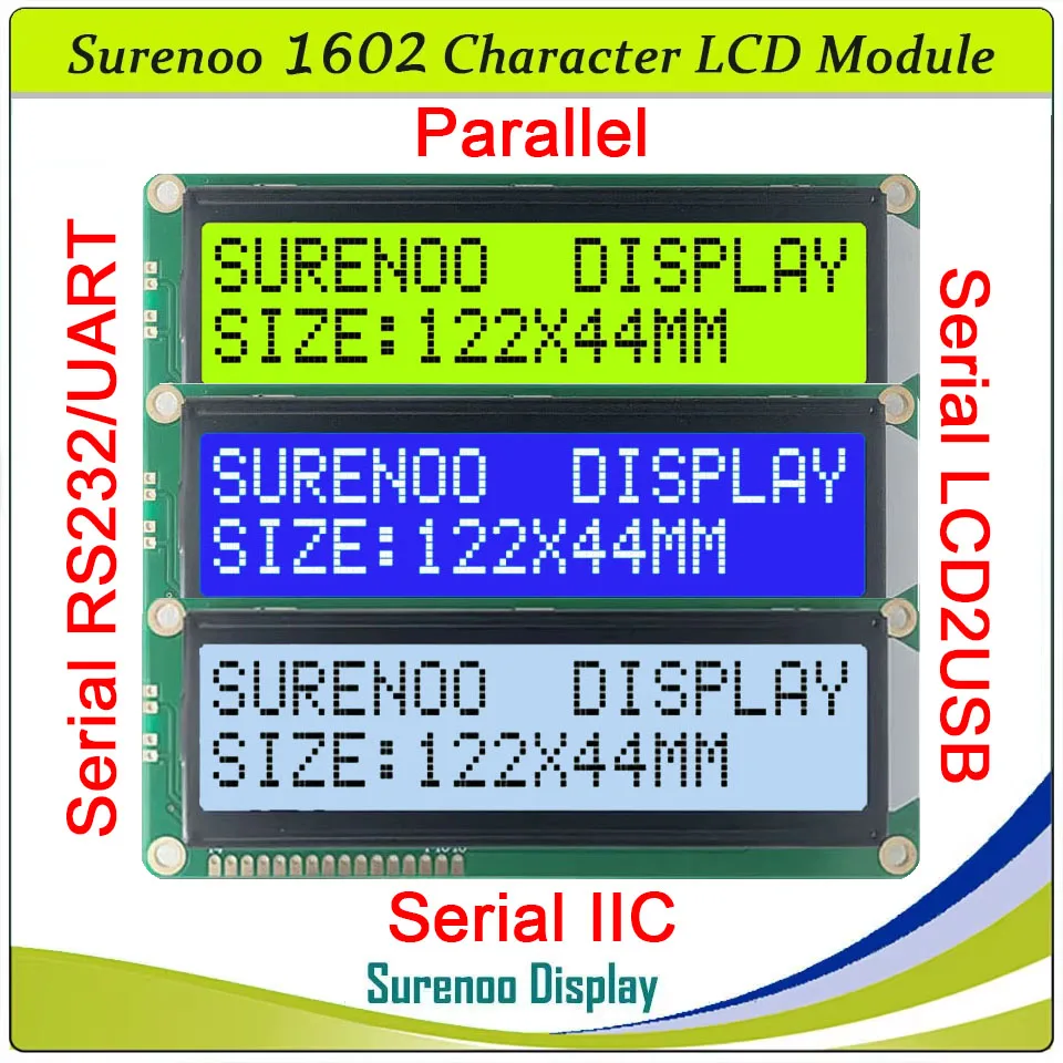Surenoo Parallel Serial IIC I2C LCD2USB RS232 UART TTL 1602 16*2 Large Character LCD Module Display Panel Screen