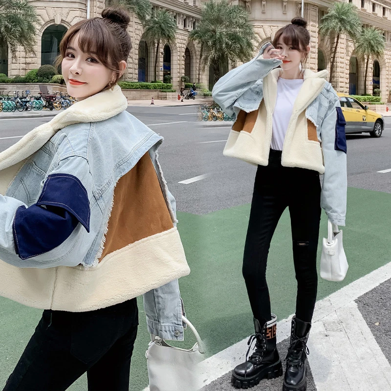 Leisure Full Sleeve Wool Liner Wide Waisted Turn Down Collar Women Slim Patchwork Woolen Coat 2023 Autumn Winter Denim Jacket