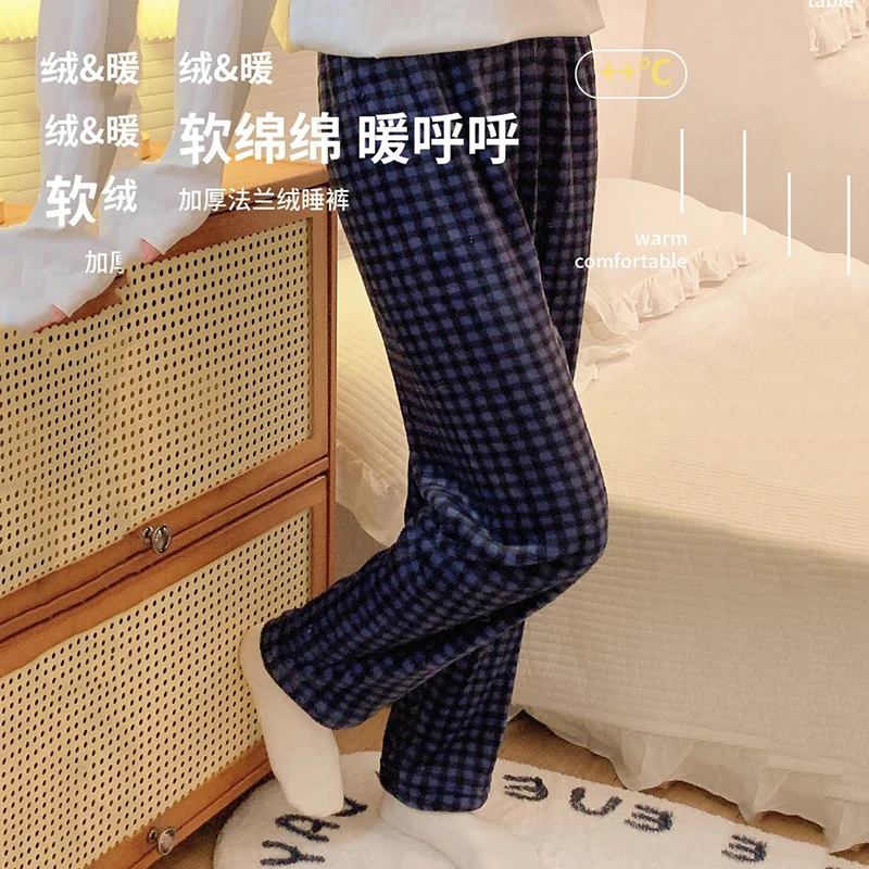 

Зима 2025 года, большие размеры, толстые теплые фланелевые штаны для сна, пижамные штаны для женщин, корейская повседневная клетчатая одежда для сна, домашняя одежда, домашняя одежда