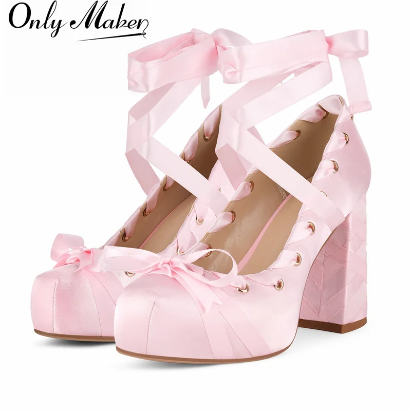 Onlymaker Damen-Pumps mit quadratischer Zehenpartie, Plateau, Satin, Schleifenband, Ballett-Schnürpumps, Hochzeit, Braut, klobiger Absatz