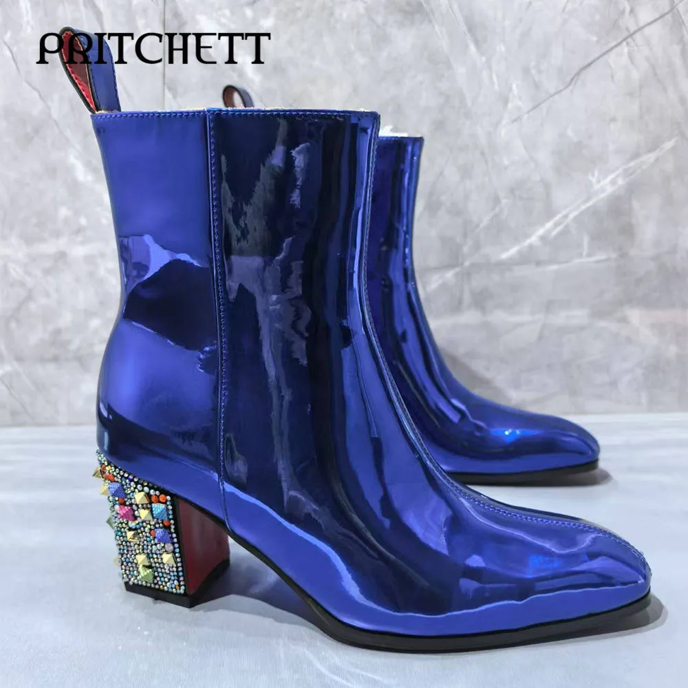 Blue Patent Leather Pull-On Ankle Boots Colorful Crystal Rhinestones Chunky Heels Trendy Chelsea Boots Fashion Men's Boots