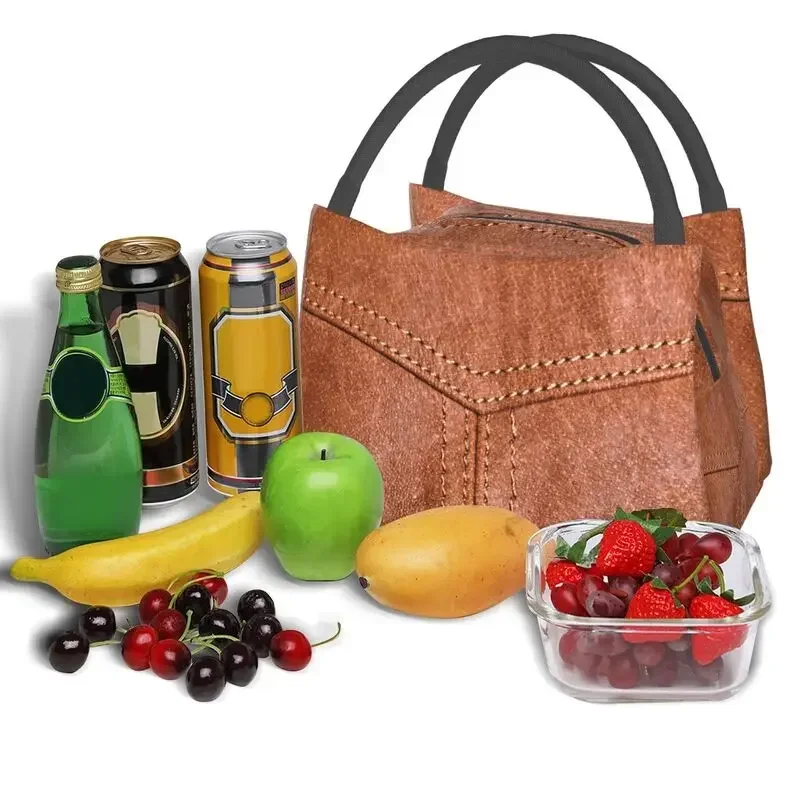 Brown Leather Texture Print Portable Lunch Box for Women Multifunction Medieval Style Cooler Thermal Food Insulated Lunch Bag