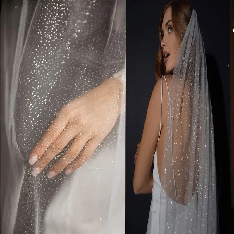 Ivory Black Glitter Wedding Veils Silver Sparking Bridal Veil 1 Tier Chapel Long Bling Bling Bride Accessories with Comb Custom image 4