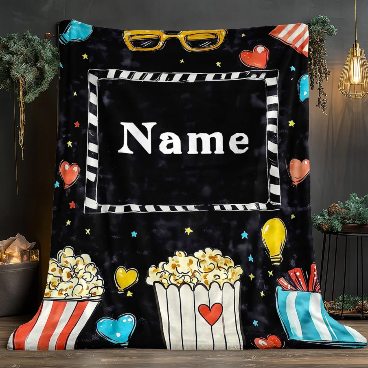 Personalized Movie Night Blanket Customization Name _ Text, Soft Flannel Fabric with Cinema Theme Design (Popcorn Film 3D Glasse