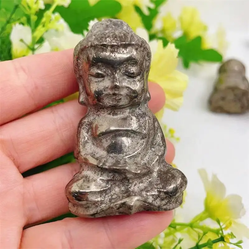 6CM Natural Pyrite Buddha Crystal Healing Carving Figurine Polished Fengshui Gemstones Sculpture Crafts Gift 1pcs