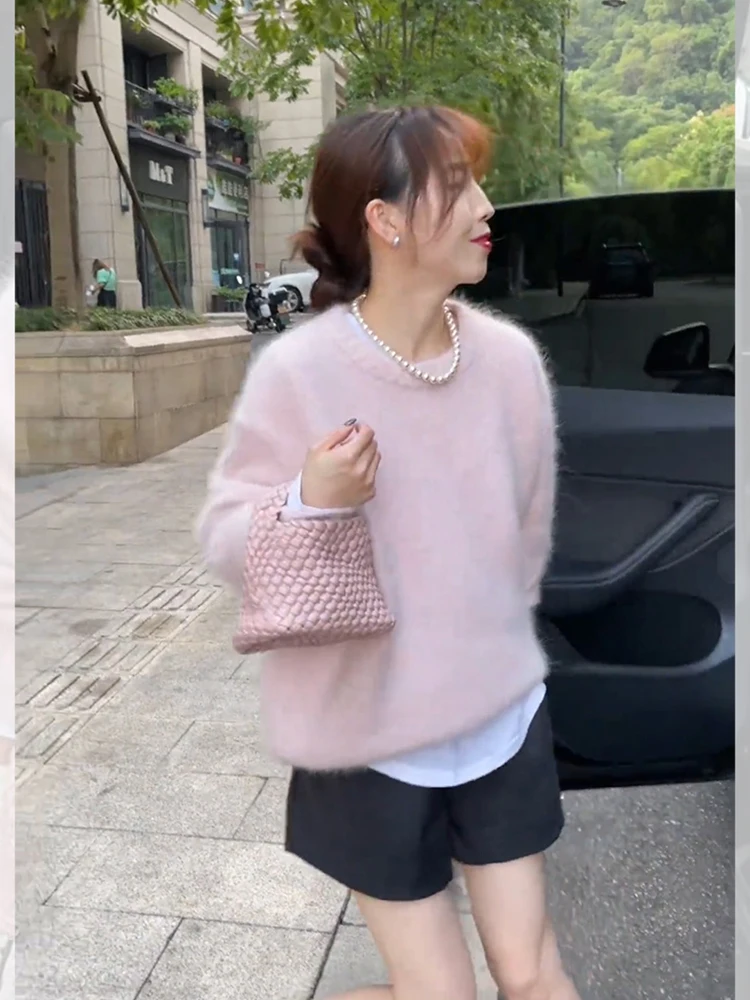 Prendas de punto Camere de color rosa suave para mujer, suéter largo holgado de corte, suéter cómodo de gama alta, Top de Otoño Invierno