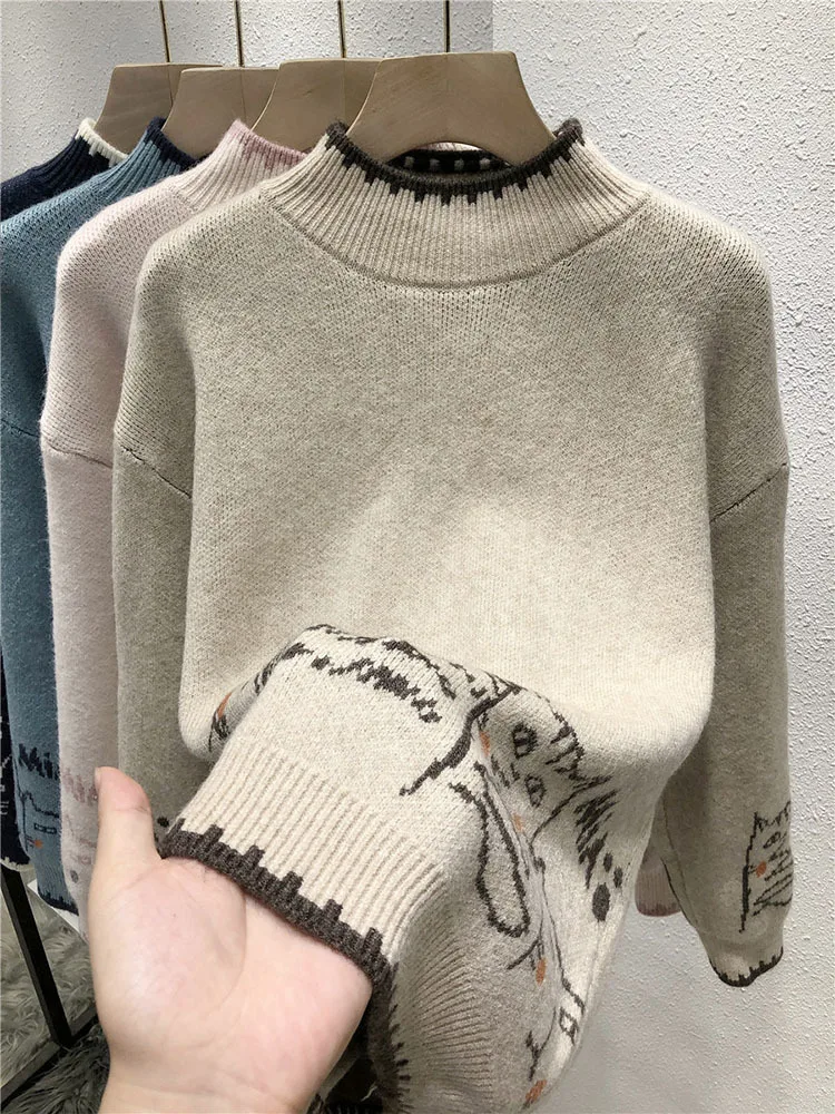 

Turtleneck Cartoon Cat Embroidery Jacquard Women Knitted Pullover Sweaters 2023 Winter Sweet Style Full Sleeve Girly Soft Top