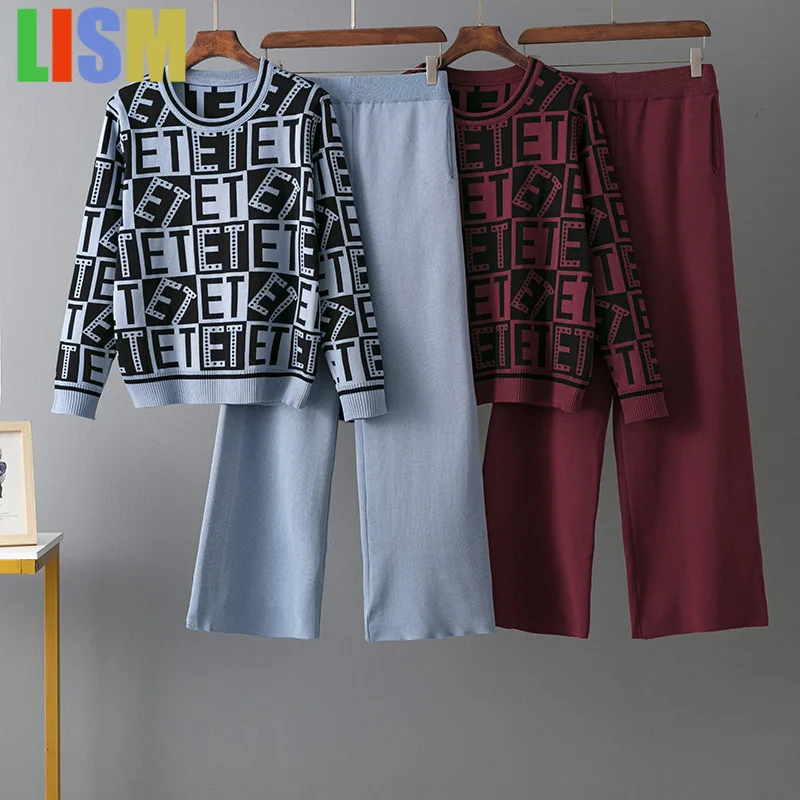 

LISM elegant pant sets Knitted suit jacquard sweater top, casual sports wide leg pants for women tracksuit festivals outfit