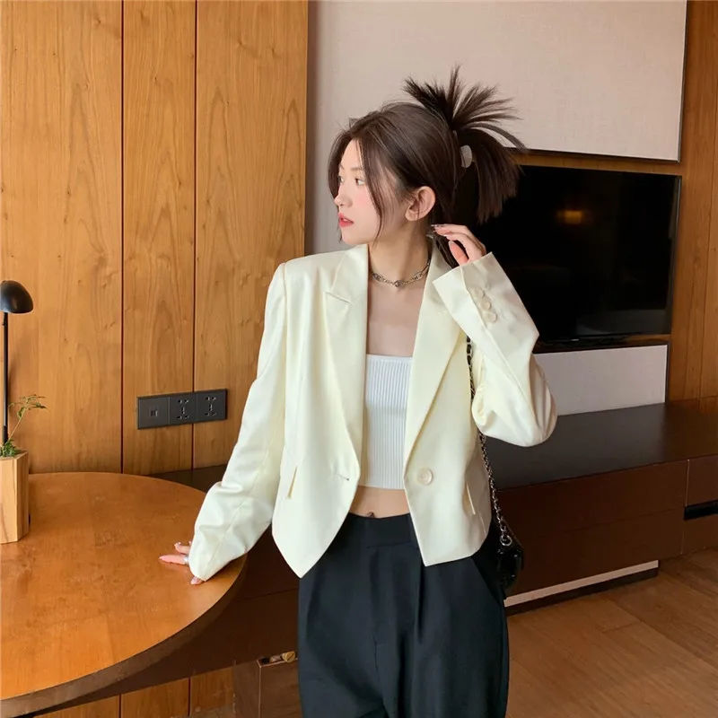 2024 Spring Summer Thin Light Yellow Short Suit Jacket Women Lapel Single Button Long Sleeve Slim Female Cropped Outerwear