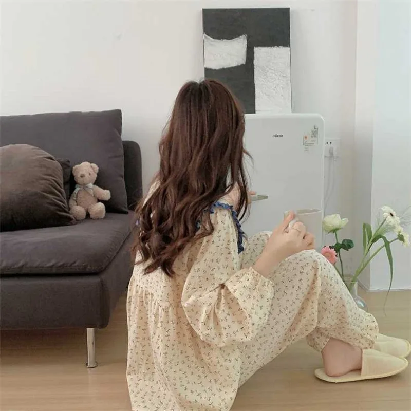 Floral Print Sleepwear Women Pajama Sets Button Piiama Korean Pants Sets for Women 2 Pieces Ruffles Night Wears Autumn Home Suit