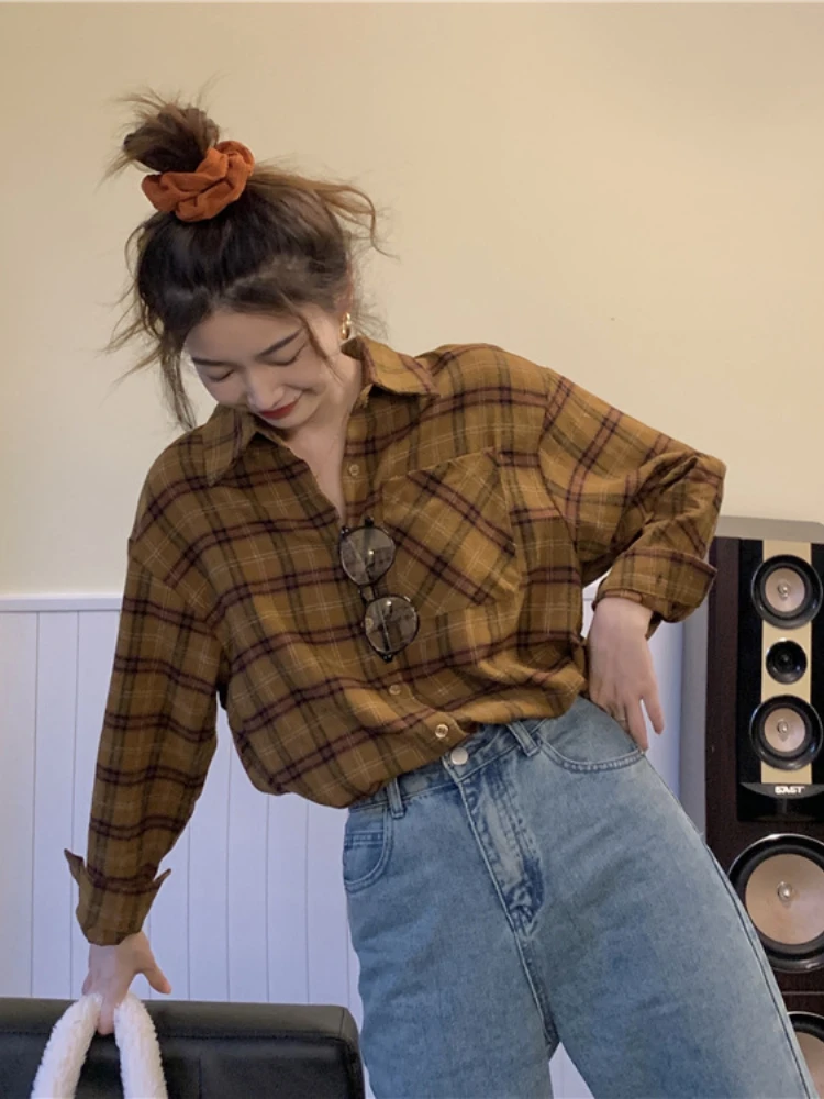Vintage Plaid Shirts Women Loose Causal Preppy All-match Couples Spring Autumn Outwear Designed Students Aesthetic Clothing Tops