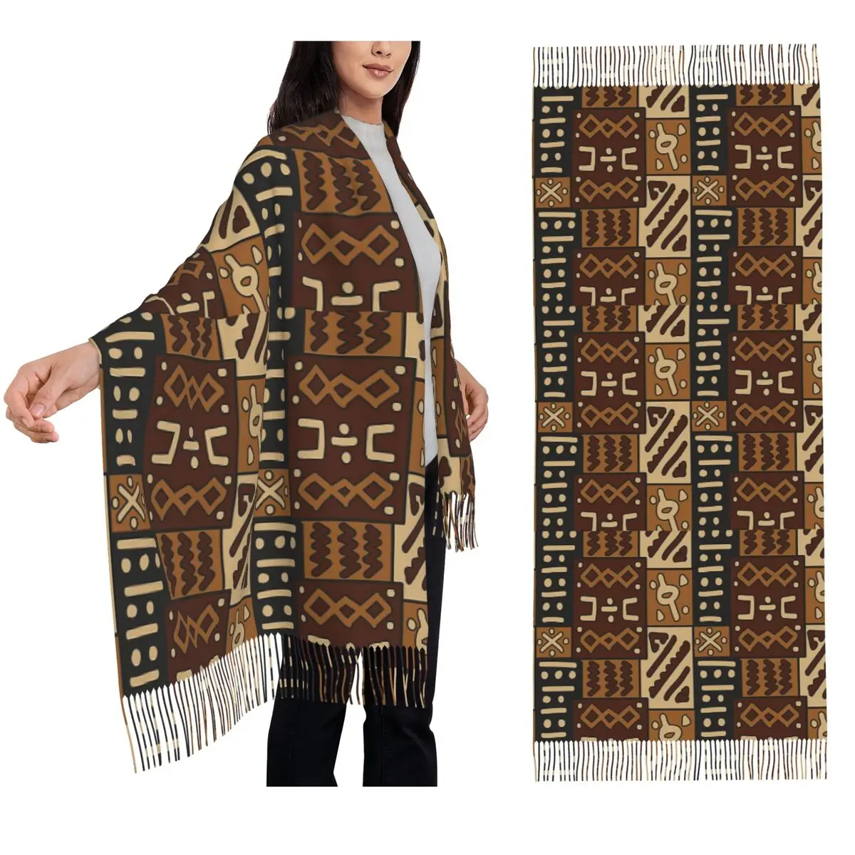 

African Bogolan Mud Cloth 2 Scarf Tassel Scarves for Women Soft Warm Shawls and Wraps Long Fall Winter Shawl Wrap