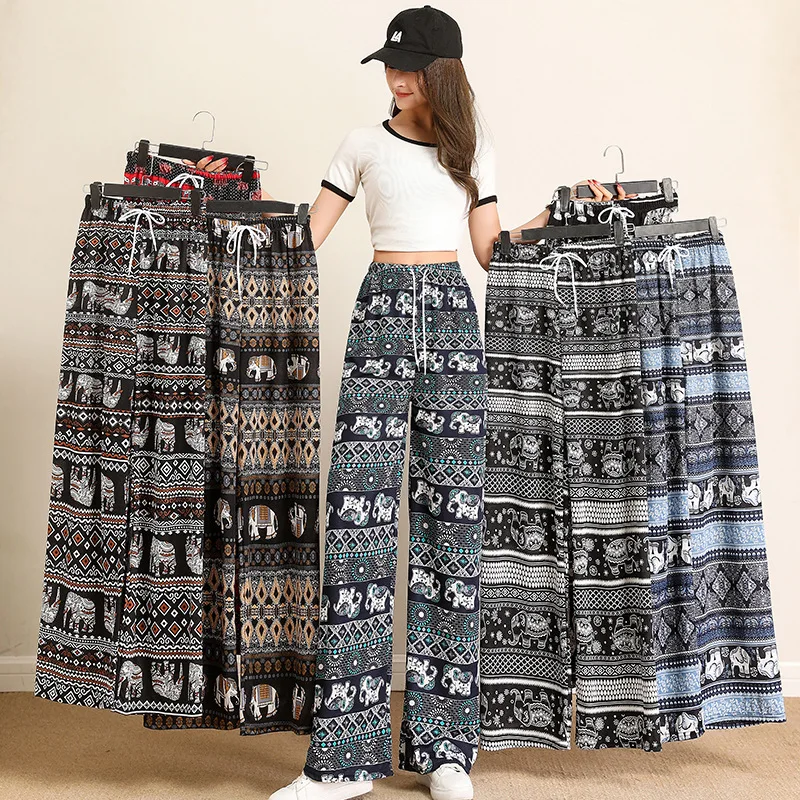 Women Summer Thai Print Wide Leg Pants Drawstring Elastic Waist Loose Casual Trousers Bohemian Beach Vacation Palazzo Pants