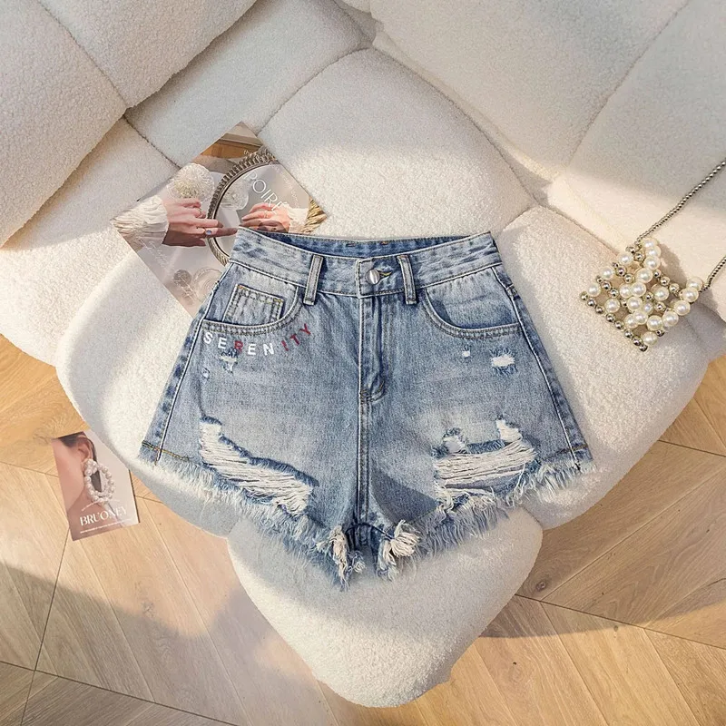 

Womens Letter Embroidery Denim Shorts Low Waist Wide Leg Off Pockets Colorful Broken Holes Burrs Short Pants 2025 Summer Fashion