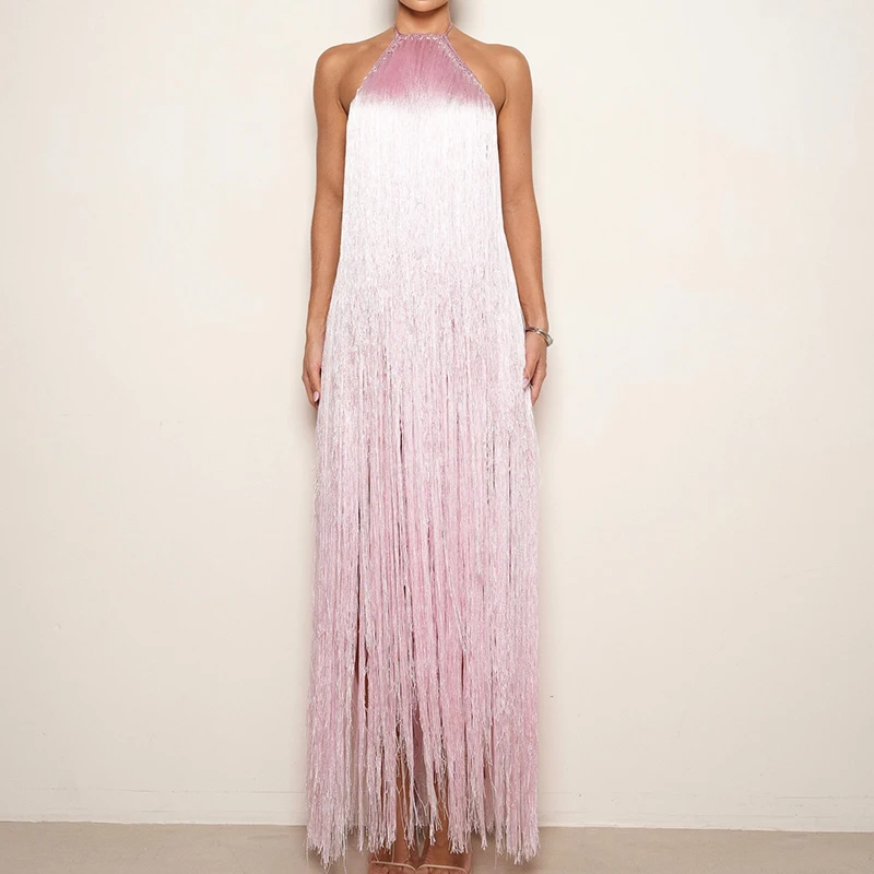 Abito da donna sexy con frange slim fit senza schienale Abito da sera casual a vita alta Abito lungo Abito senza maniche scollato con scollo all'americana rosa