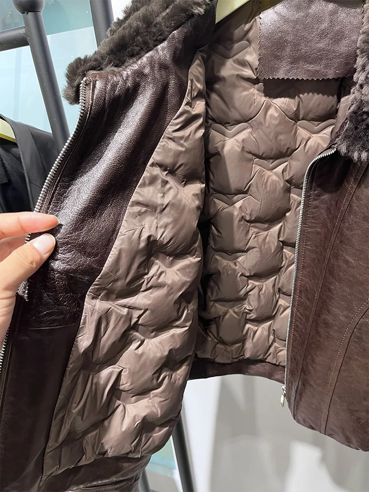 Natürliche Echte Schaffell Leder Jacke Merino Schafe Pelz Kragen Gans Unten Jacke Mantel frauen Luxus Weibliche Puffer Mäntel