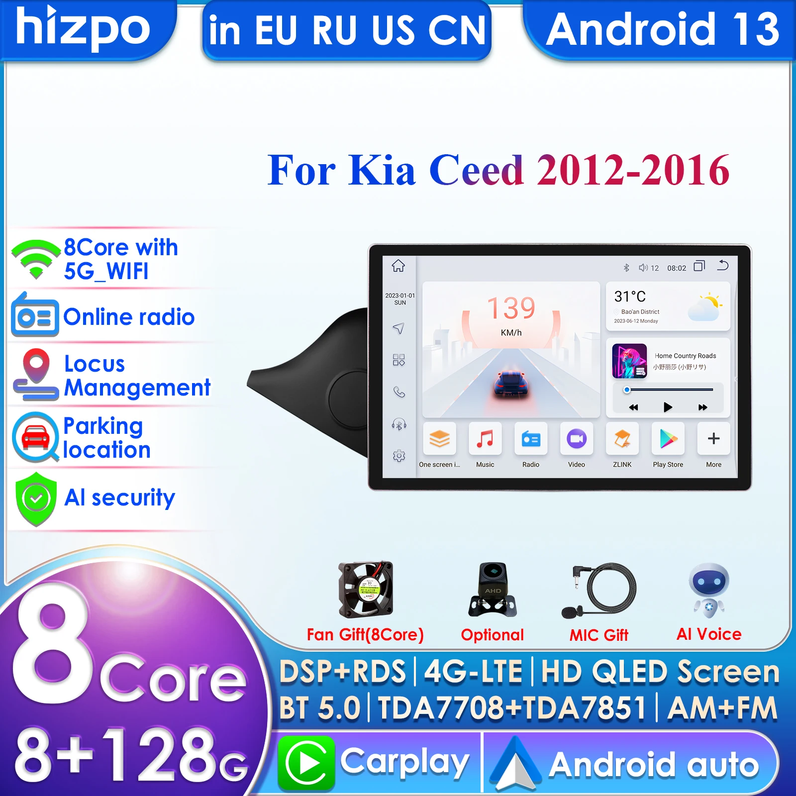 Android13 Car Radio for KIA CEED JD Cee'd 2012-2017 Multimedia Video Player Navigation GPS Carplay QLED Touch Screen Auto Stereo