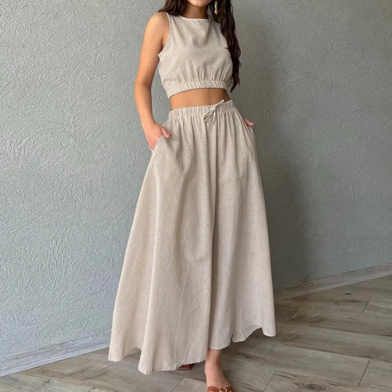 

Women's Fashion Skirts Outfits Street Trendsetters 2 Piece Sets 2024 Summer New Women's Casual Khaki Tank Top & A-line Skirt Set