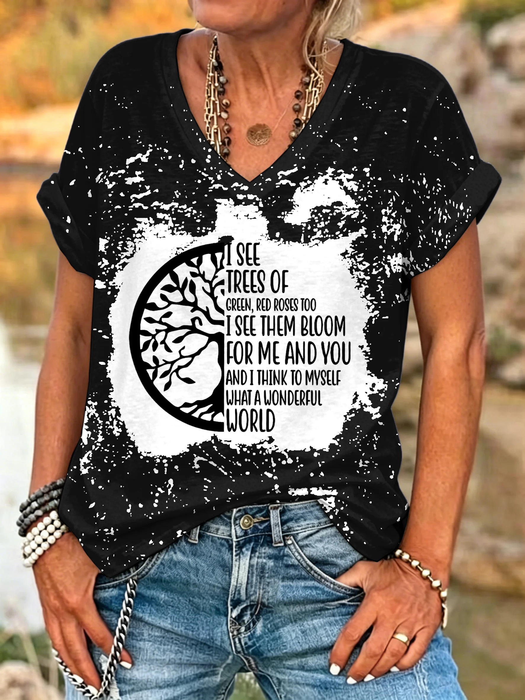 ilstile Women's What A Wonderful World Life Tree Bleached T-Shirt Hippie Quote Print V-Neck Short Sleeve Loose Fit Casual Summer