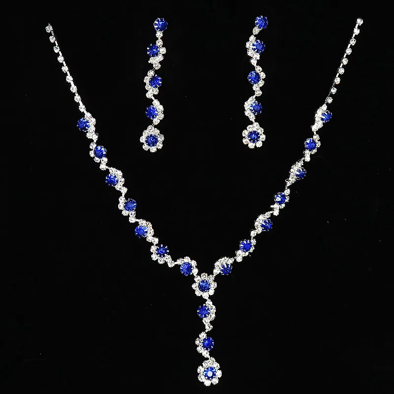 Luxury Blue Rhinestone Silver Plated Wedding Party Necklace Earrings Set Fashion Blue Crystal Bridal Jewelry Set Ladies Gift