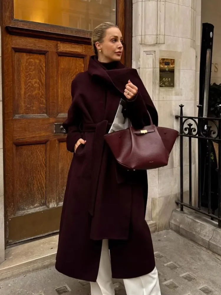 Elegant Burgundy Long Sleeve Scarf Woolen Overcoat Causal Loose With Belt Long Coats 2024 New Lady High Street Outwear