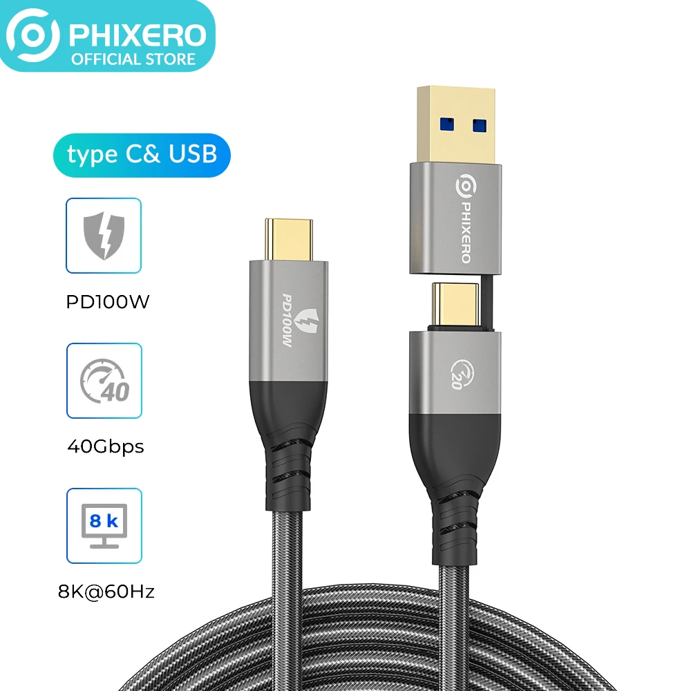 PHIXERO 2 In 1 40Gbps USB C Cable PD100W Fast Charger Cord 8K @60Hz HD USB 3.0 to USB C Cable for Macbook  Huawei Thunderbolt 4