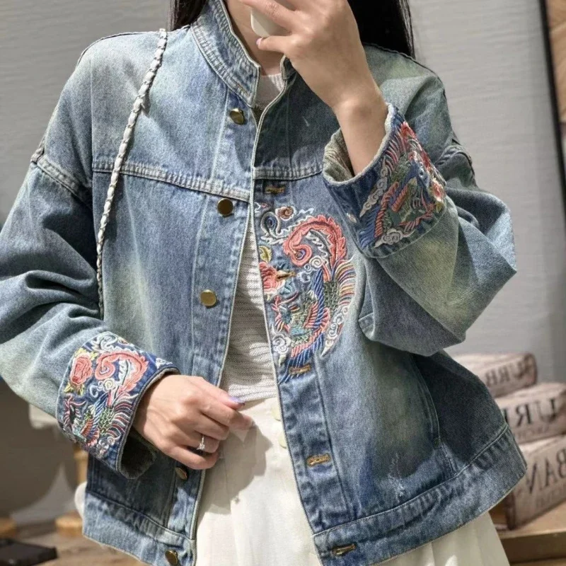 Embroidered Graphic Woman Jean Coat Spring Autumn Blue Denim Jacket for Women with Print Korean Outer Luxury Original Outerwear