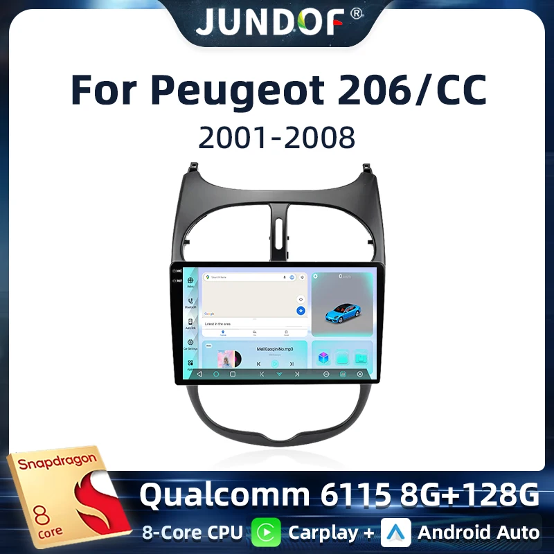 

Jundof Qualcomm Android 13 Car Radio For PEUGEOT 206 206CC 206SW 2000-2008 Auto Multimedia Player GPS Autoradio Carplay Navi